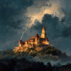 Fototapeta premium Spooky Vampire Castle on a Hill During a Thunderstorm at halloween