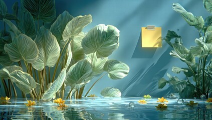 Tropical indoor scene, light teal wall, large leaves, yellow flowers, still water, sticky note