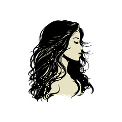 Elegant woman's profile with flowing dark hair, serene expression, perfect for beauty and style concepts.