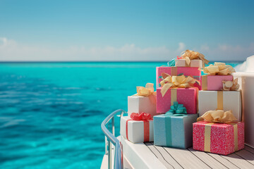 Pile of Gifts on Boat: A stack of colorfully wrapped presents sits on a boat deck, ocean view, perfect for birthdays or celebrations.