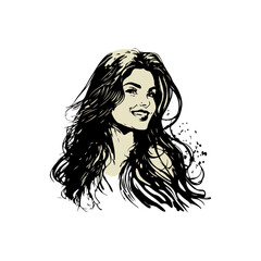 Captivating portrait of a smiling woman with flowing dark hair, exuding confidence and beauty, perfect for fashion and lifestyle themes.