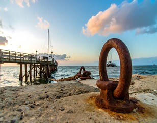 Wooden pier at sunrise over water with rusty mooring ring