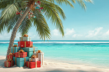 Festive gifts piled near a palm tree on a tropical beach, creating a unique holiday setting with the ocean backdrop.