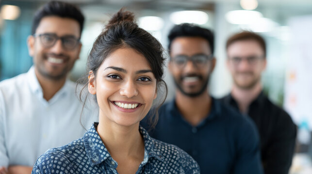 Happy young Indian professional woman smiling confidently in an office. diverse team of colleagues stands in background, representing successful business collaboration