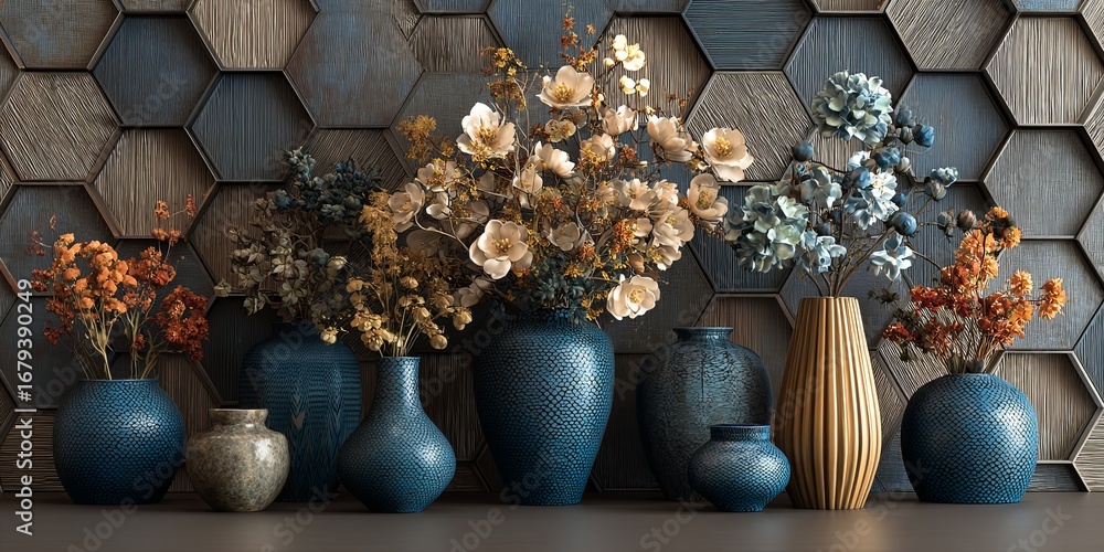 Poster elegant display of colorful vases in front of hexagonal wall panels with artistic floral arrangement