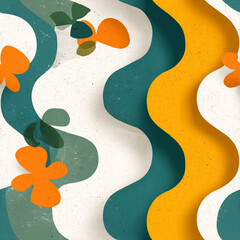 This vibrant composition showcases flowing shapes in green, yellow, and orange, creating a dynamic pattern reminiscent of nature's forms and colors, perfect for modern decor or art