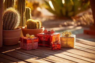 Festive gifts rest on a wooden deck, complemented by potted cacti, creating a unique holiday scene with warm, natural light.