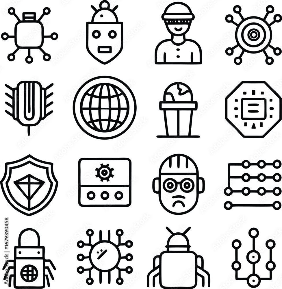 Poster cybersecurity and technology icons set featuring network connections ai bots data protection and net