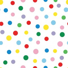 A seamless polka dot pattern with a chaotic arrangement of multicolored circles on a clean white surface. The texture is a piece of decorative wallpaper. Seamless repeatable texture.