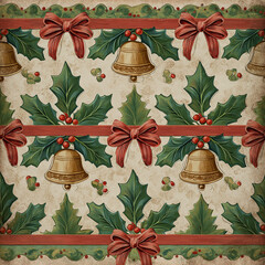 Festive pattern with holly leaves, red bows, and golden bells evokes the charm of the season and holiday tradition.