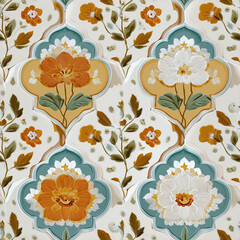 This decorative display showcases a repeating pattern of vibrant orange and white flowers intertwined with green foliage against a textured backdrop. The design emphasizes floral aesthetics