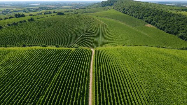 Lush green vineyards stretch across rolling hills under clear sky, showcasing nature's bounty