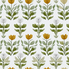 Colorful floral pattern displays hand-painted yellow and white flowers amidst lush green leaves on a soft background, offering a fresh and vibrant design suitable for various decor styles
