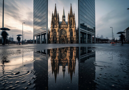 Gothic cathedral between modern glass skyscrapers reflected in a rain puddle at dusk