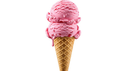 Delicious double scoop of pink strawberry ice cream melting in a golden waffle cone.