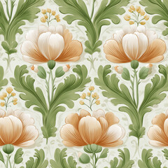 Intricate floral design showcases large orange and cream blooms surrounded by green foliage. The detailed pattern creates a refreshing and vibrant atmosphere perfect for home decor