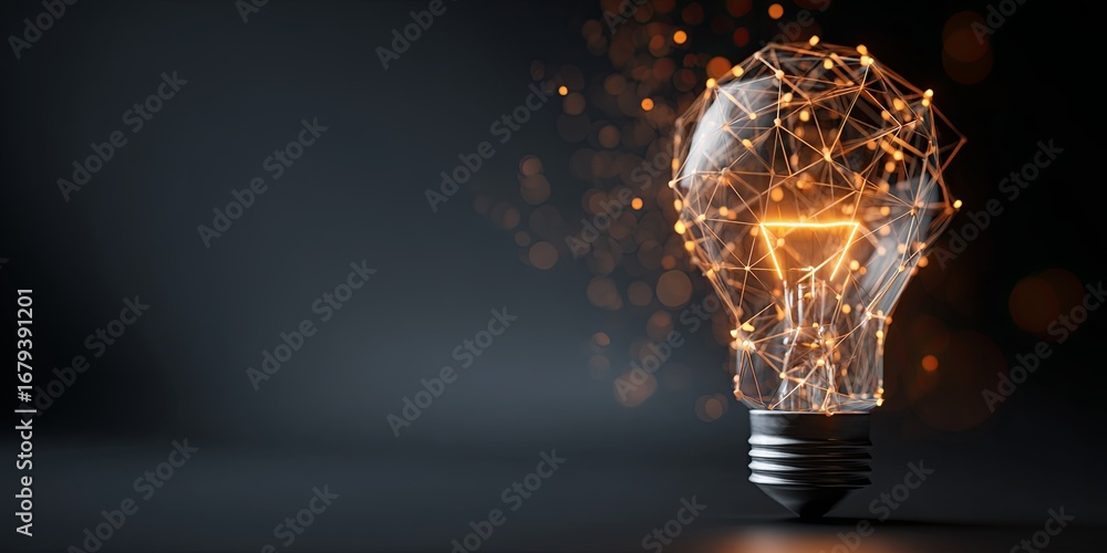 Poster abstract glowing light bulb with network design, creative concept of innovation and technology devel