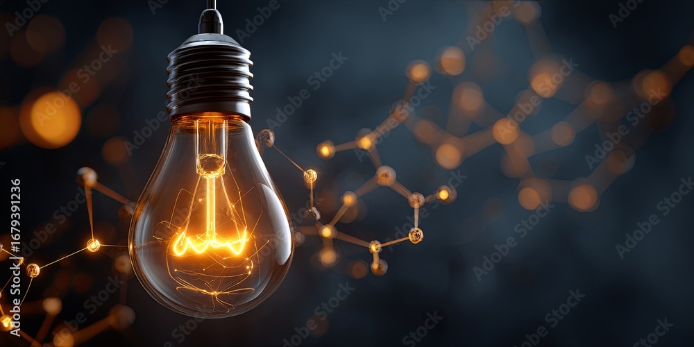 Poster abstract glowing light bulb with network design, creative concept of innovation and technology devel