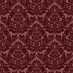 Fototapeta premium A detailed dark red damask pattern with an ornate relief design is on a clean light red surface. The texture is a piece of decorative wallpaper. Seamless repeatable texture.