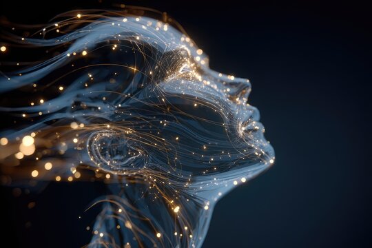 Glowing ethereal female profile, composed of light trails and particles against a dark backdrop