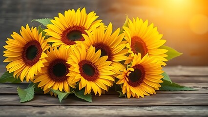 Fototapeta premium Vibrant sunflowers on a rustic wooden surface, bathed in warm natural sunlight with a soft blurred background.