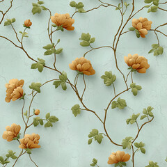 Intricate design showcases delicate flowers in warm hues entwined with lush green leaves against a soft pastel background. Ideal for interior decoration and textiles