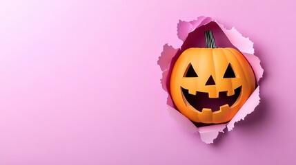 Fototapeta premium Smiling Halloween pumpkin peeking through torn pink paper, festive and playful decoration for seasonal celebration.