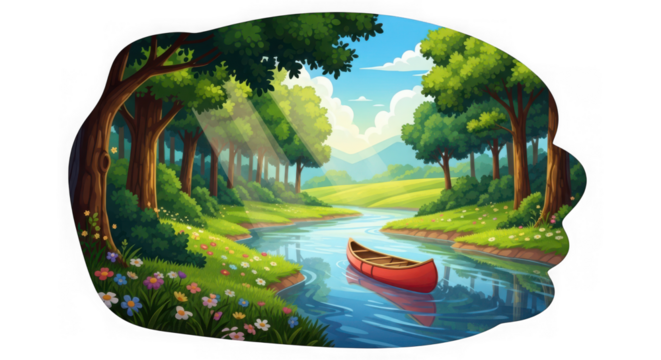 A verdant world tree reflects a summer sky with clouds over a green mountain landscape