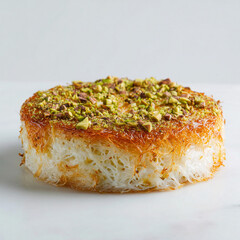 Create a Waterlike Flat style knafeh cheese pastry against a clean and crisp white background
