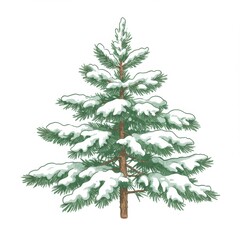 Fototapeta premium Evergreen Pine Tree Covered in Fresh White Snow on a White Background Vector Graphic