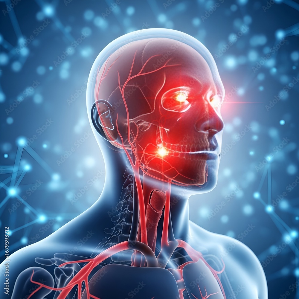 Poster glowing red brain and nervous system in transparent human head with digital network background