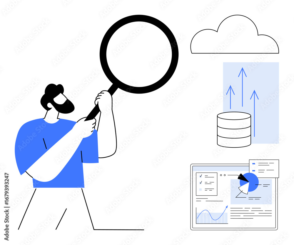 Poster man examining with magnifying glass, representing cloud storage, data visualization, and growth anal