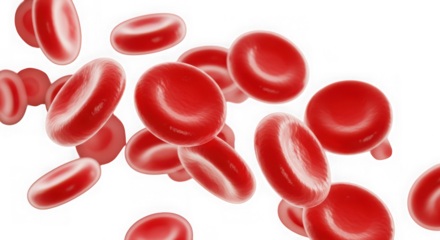 Closeup 3d render of red blood cells flowing, isolated on transparent background