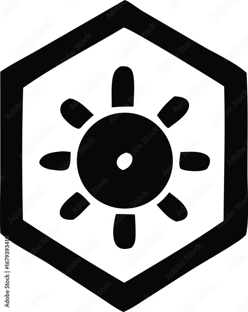 Aufkleber geometric emblem featuring a stylized sun or wheel inside a hexagonal outline creating a unique and 