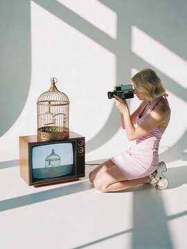 Woman films a vintage TV showing a birdcage, exploring themes of media, captivity, and observation.