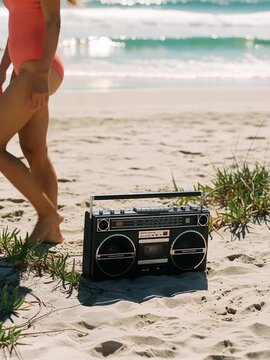 Woman in Swimsuit Carrying Vintage Boombox on Sandy Beach