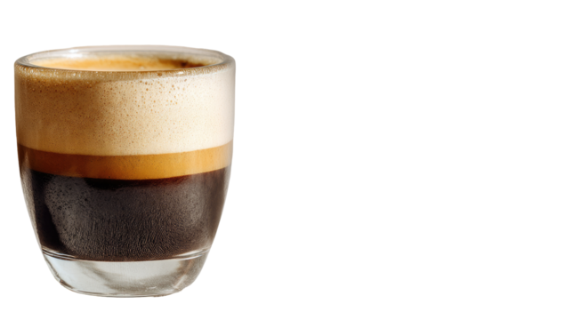 Close-up of a layered coffee drink in a clear glass.  The top layer is a light tan crema, followed by a darker brown espresso layer.  The glass is clear and simple
