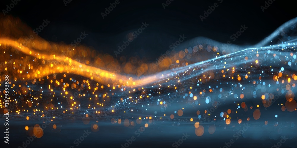 Poster abstract wave of light particles in blue and orange for digital design and background use