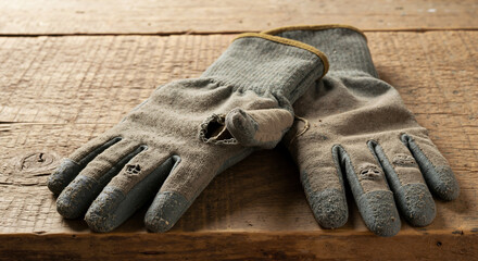 Old worn work gloves with holes lying on weathered wooden surface showing years of hard labor. Manual work concept for construction industry and craftsmanship