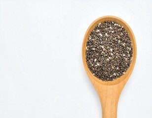 Wooden spoon filled with chia seeds on white background