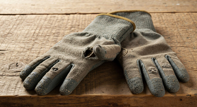 Old worn work gloves with holes lying on weathered wooden surface showing years of hard labor. Manual work concept for construction industry and craftsmanship