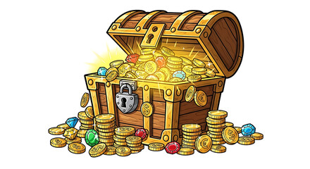 Colorful Cartoon Illustration of Treasure Chest Overflowing with Gold and Gems