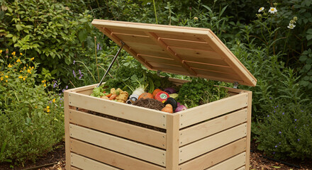 Wooden compost bin with lid open showing organic kitchen waste and vegetable scraps in garden. Zero waste gardening concept for sustainable living and eco composting