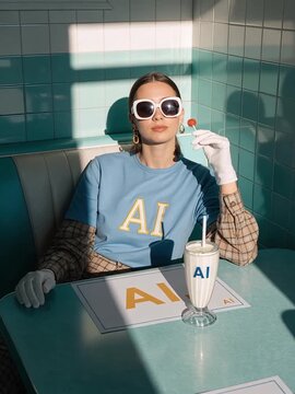 Woman in retro diner with AI-branded milkshake and lollipop