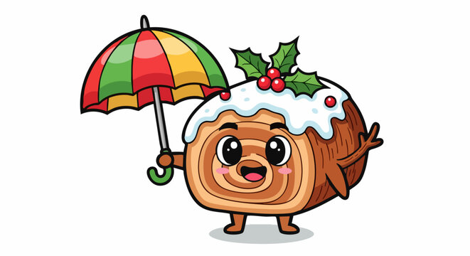Cute Cartoon Christmas Yule Log Cake Character with Umbrella.