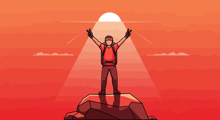 Spectacular Success Depicted By Victorious Hiker On A Mountain Peak, Achieving Victory