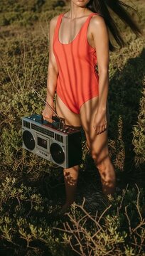 Woman in Red Swimsuit Carrying Vintage Boombox Outdoors