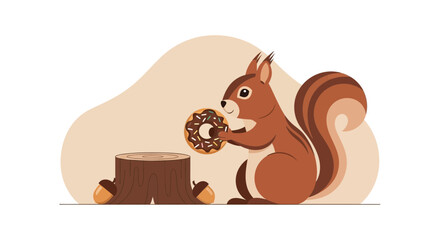 Squirrel cartoon holding a donut near a tree stump with acorns in flat illustration style