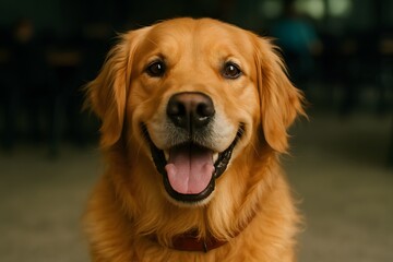 Fototapeta premium Happy Golden Retriever in Close-Up with Tongue Out and Golden-Brown Coat on Blurred Background