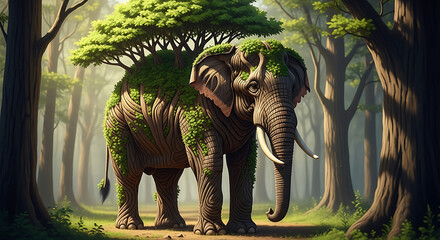 Whimsical Forest Guardian Elephant Composite with Tree and Greenery Concept